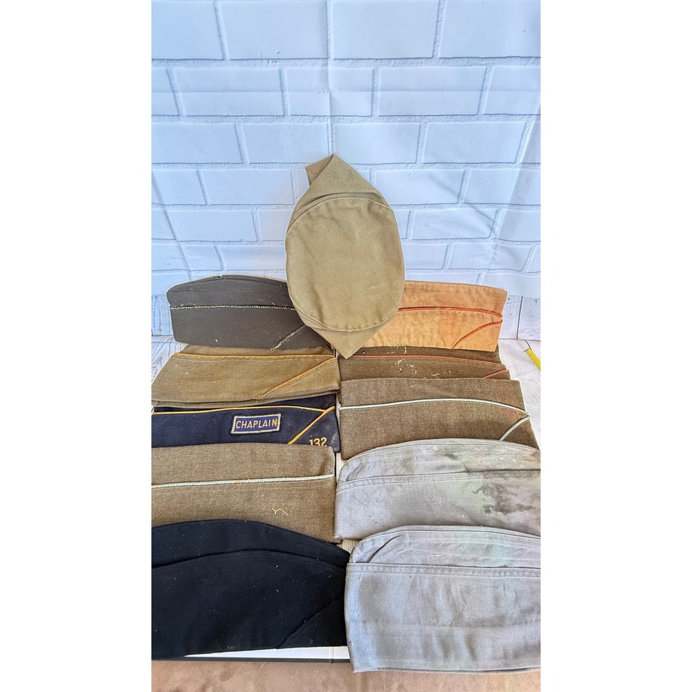 Vintage Military Garrison Cap Lot 11pc WWII 1942 JQMD 1951 Wool Chaplain Khaki